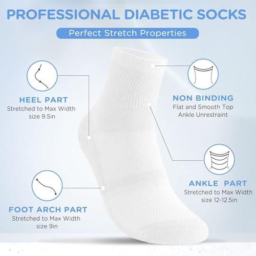 Bulinlulu Diabetikersocken für Damen und Herren, 6 Paar, nicht einschnürend, nahtlos, breite Socken, Größe 9-11 / 10-13 (Large, Weiß)