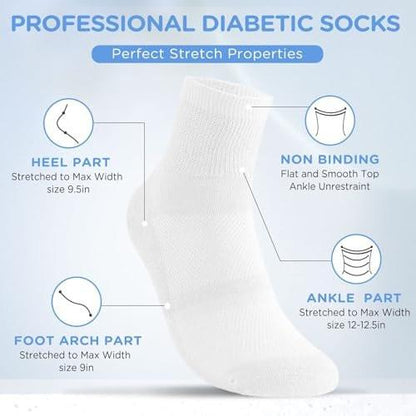 Bulinlulu Diabetikersocken für Damen und Herren, 6 Paar, nicht einschnürend, nahtlos, breite Socken, Größe 9-11 / 10-13 (Large, Weiß)
