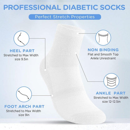 Bulinlulu Diabetikersocken für Damen und Herren, 6 Paar, nicht einschnürend, nahtlos, breite Socken, Größe 9-11 / 10-13 (Large, Weiß)
