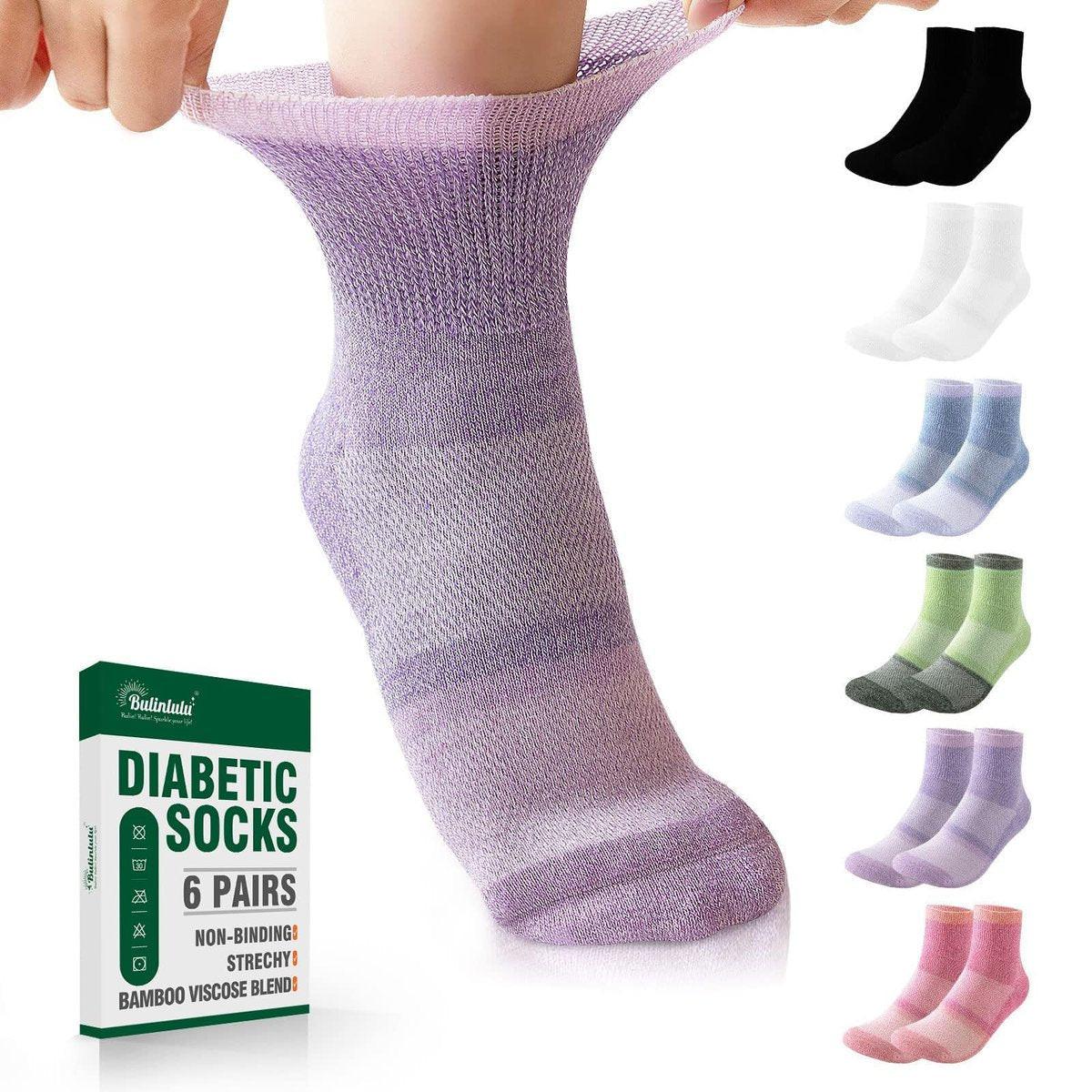 Bulinlulu Diabetikersocken für Damen & Herren, 6 Paar nicht einschnürende Diabetiker-Knöchelsocken, breite Socken mit nahtloser Zehenpartie (Groß, Bunte Farben - 6 Paar)