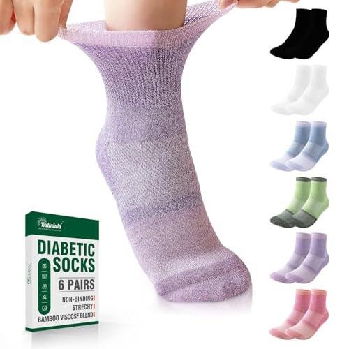 Bulinlulu Diabetikersocken für Damen & Herren, 6 Paar nicht einschnürende Diabetiker-Knöchelsocken, breite Socken mit nahtloser Zehenpartie (Groß, Bunte Farben - 6 Paar)
