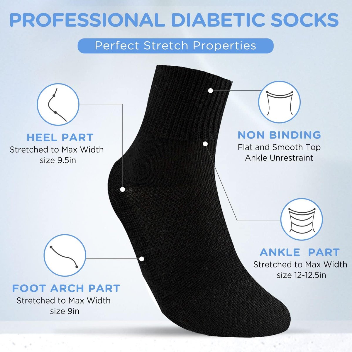 Bulinlulu Diabetikersocken für Damen und Herren, 6 Paar, nicht einschnürend, nahtlose Zehenpartie, Größe 7-9/9-12 (Mittel, Schwarz)