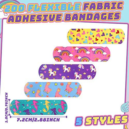 Tondiamo 200 Stücke 5 Stile Cartoon Pflaster für Kinder – Flexible Klebestreifen, Wasserdicht, Bunte Aufkleber für Mädchen, Schutzpflaster für Schnitte, Schrammen, Verbrennungen