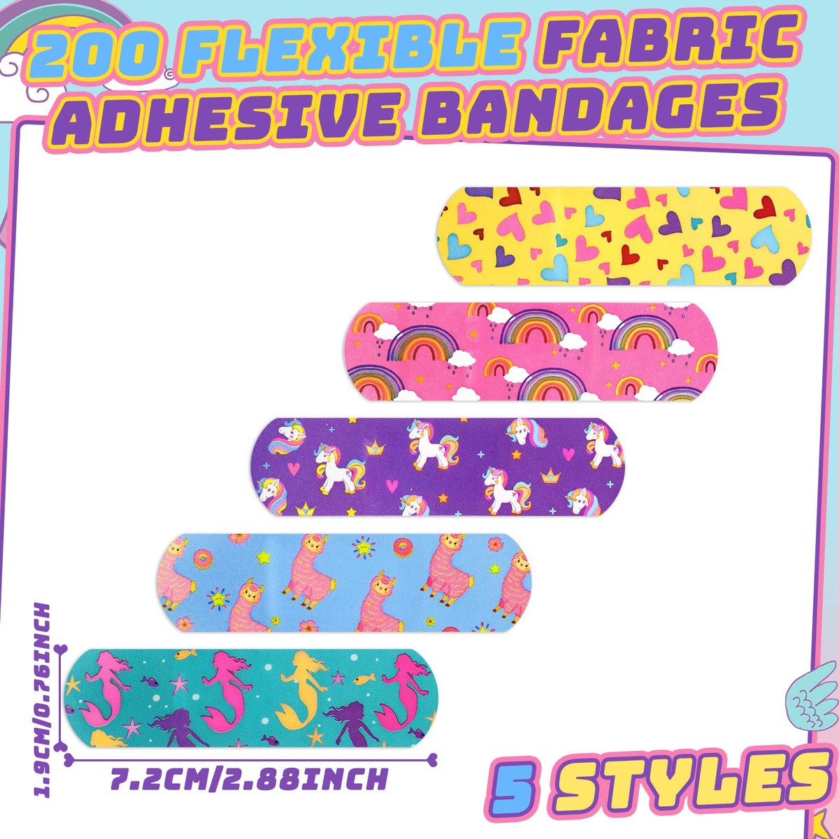 Tondiamo 200 Stücke 5 Stile Cartoon Pflaster für Kinder – Flexible Klebestreifen, Wasserdicht, Bunte Aufkleber für Mädchen, Schutzpflaster für Schnitte, Schrammen, Verbrennungen