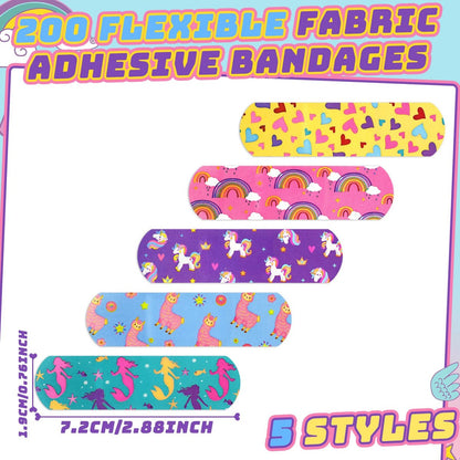 Tondiamo 200 Stücke 5 Stile Cartoon Pflaster für Kinder – Flexible Klebestreifen, Wasserdicht, Bunte Aufkleber für Mädchen, Schutzpflaster für Schnitte, Schrammen, Verbrennungen