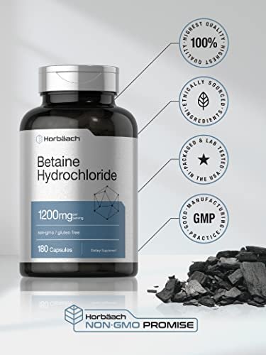 Horbäach Betain HCl 1200mg | 180 Kapseln | Betain-Hydrochlorid Nahrungsergänzungsmittel | Non-GMO, Glutenfrei
