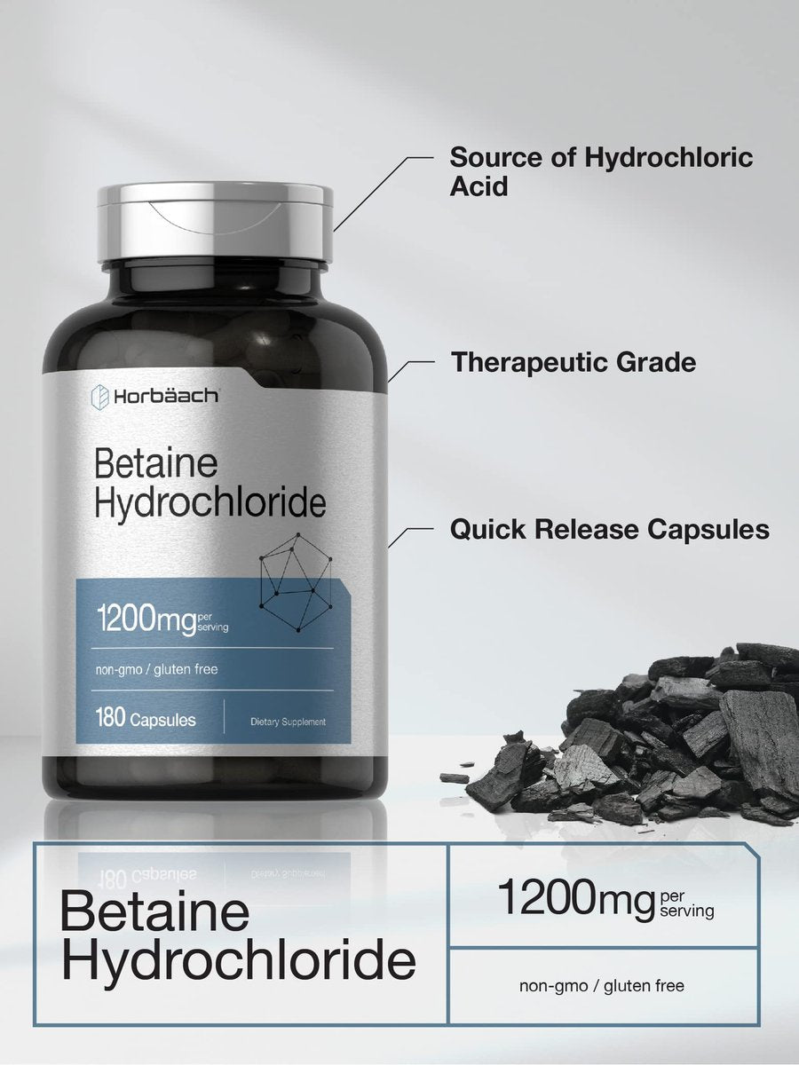 Horbäach Betain HCl 1200mg | 180 Kapseln | Betain-Hydrochlorid Nahrungsergänzungsmittel | Non-GMO, Glutenfrei