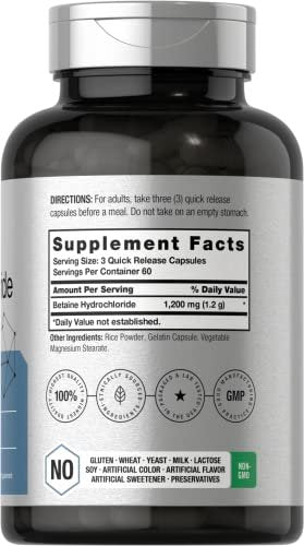 Horbäach Betain HCl 1200mg | 180 Kapseln | Betain-Hydrochlorid Nahrungsergänzungsmittel | Non-GMO, Glutenfrei