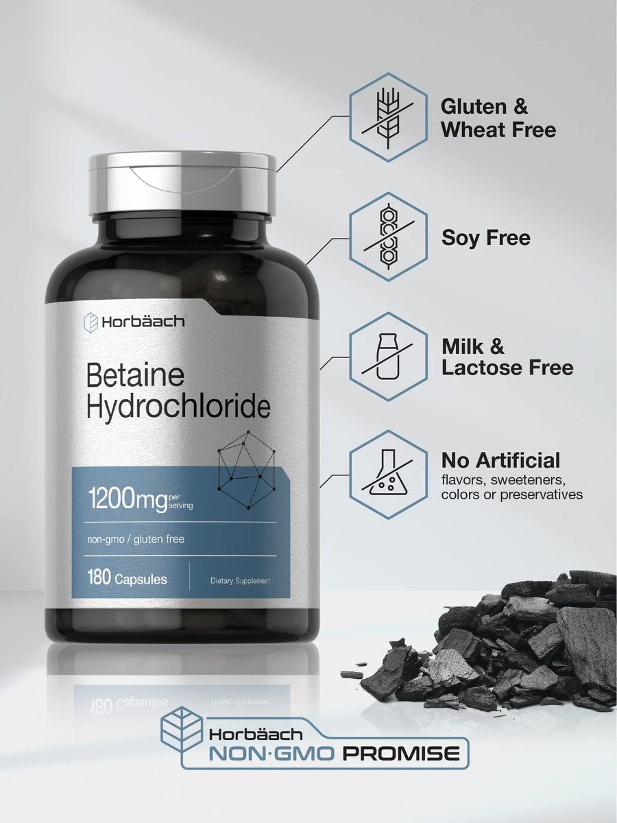 Horbäach Betain HCl 1200mg | 180 Kapseln | Betain-Hydrochlorid Nahrungsergänzungsmittel | Non-GMO, Glutenfrei