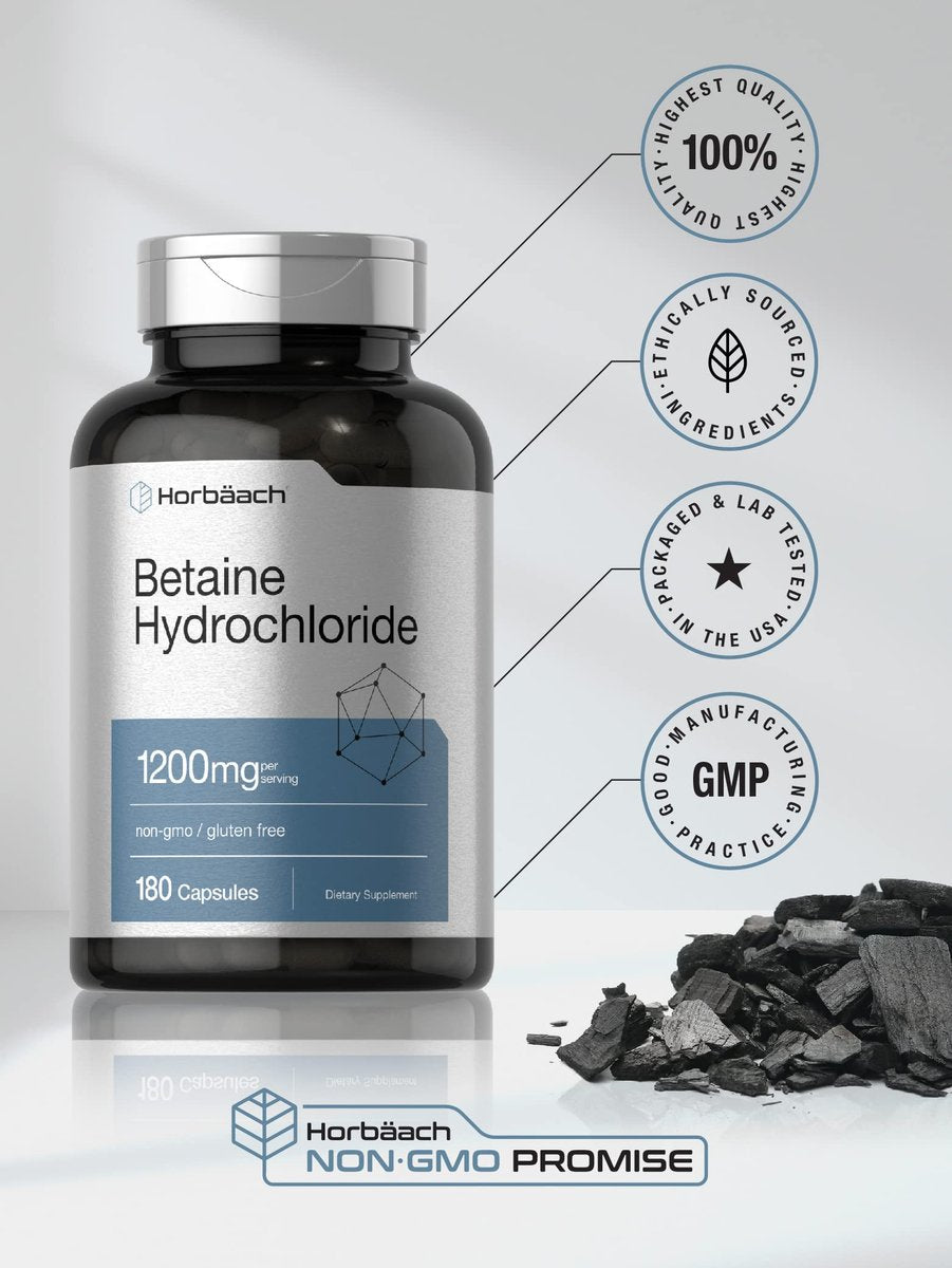 Horbäach Betain HCl 1200mg | 180 Kapseln | Betain-Hydrochlorid Nahrungsergänzungsmittel | Non-GMO, Glutenfrei
