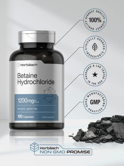 Horbäach Betain HCl 1200mg | 180 Kapseln | Betain-Hydrochlorid Nahrungsergänzungsmittel | Non-GMO, Glutenfrei