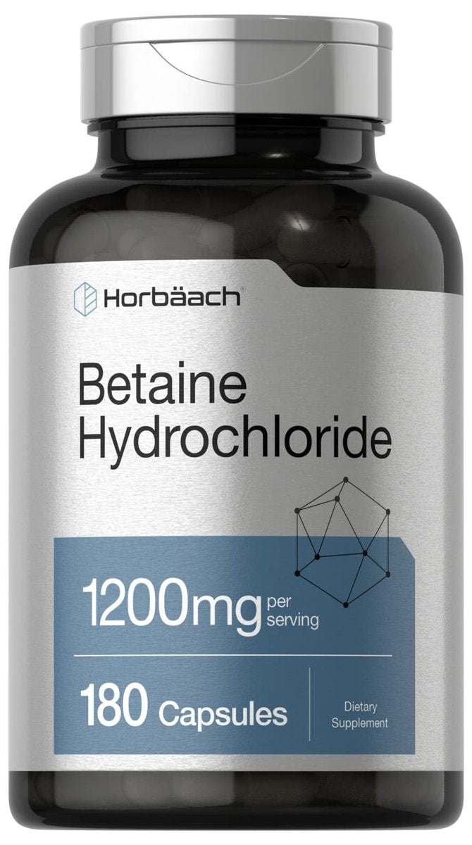 Horbäach Betain HCl 1200mg | 180 Kapseln | Betain-Hydrochlorid Nahrungsergänzungsmittel | Non-GMO, Glutenfrei
