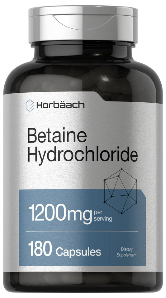Horbäach Betain HCl 1200mg | 180 Kapseln | Betain-Hydrochlorid Nahrungsergänzungsmittel | Non-GMO, Glutenfrei