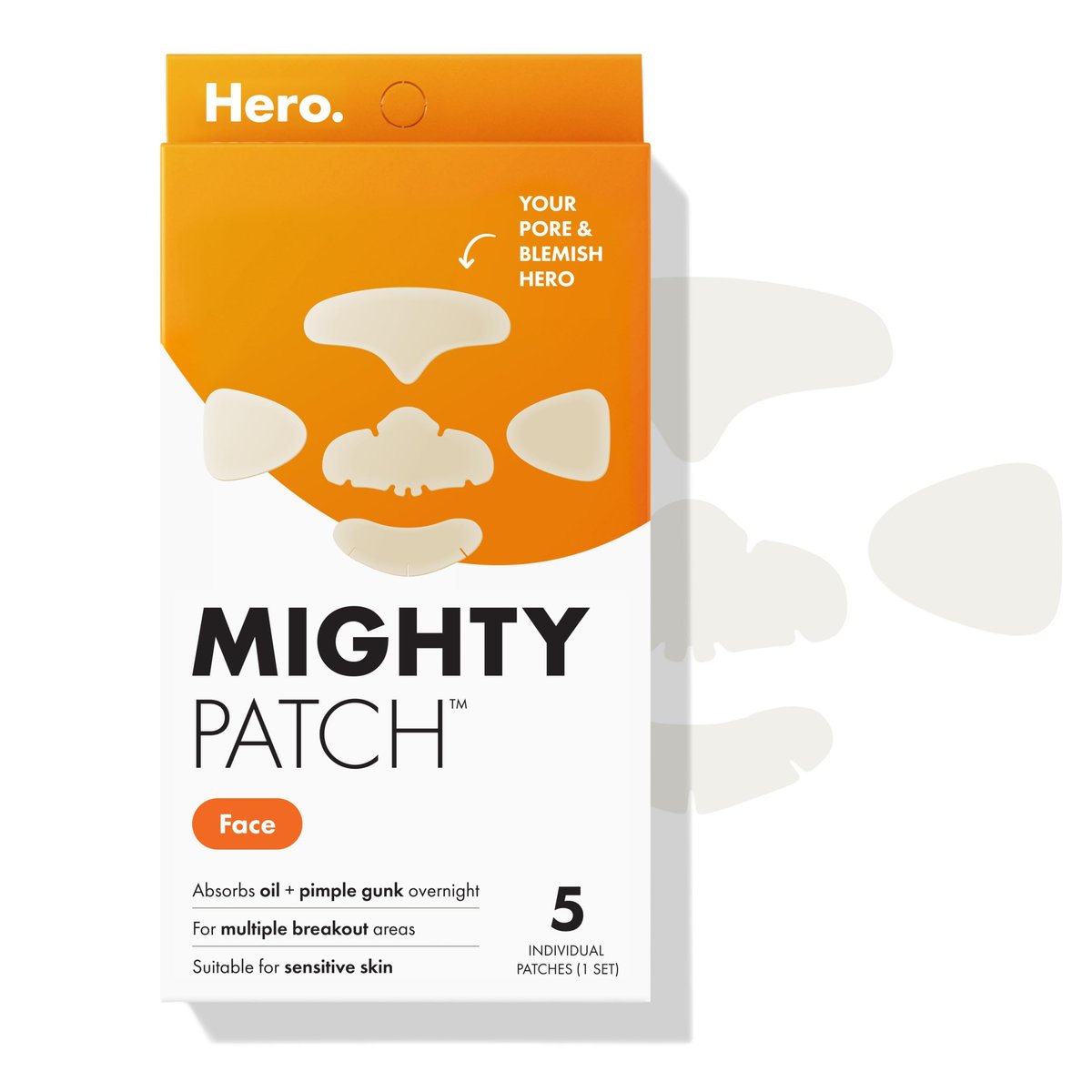 Mighty Patch Hero Cosmetics XL Hydrokolloid-Pflaster gegen Akne – 5 große Pickelpflaster für Ausbrüche auf Nase, Kinn, Stirn und Wangen (1 Packung)