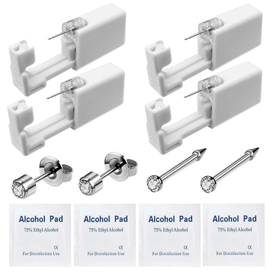 HELLWANG 2er-Pack Nasenpiercing + 2er-Pack Ohrpiercing-Set, einfach und sicher zu verwenden, ideal für Anfänger (Silber)