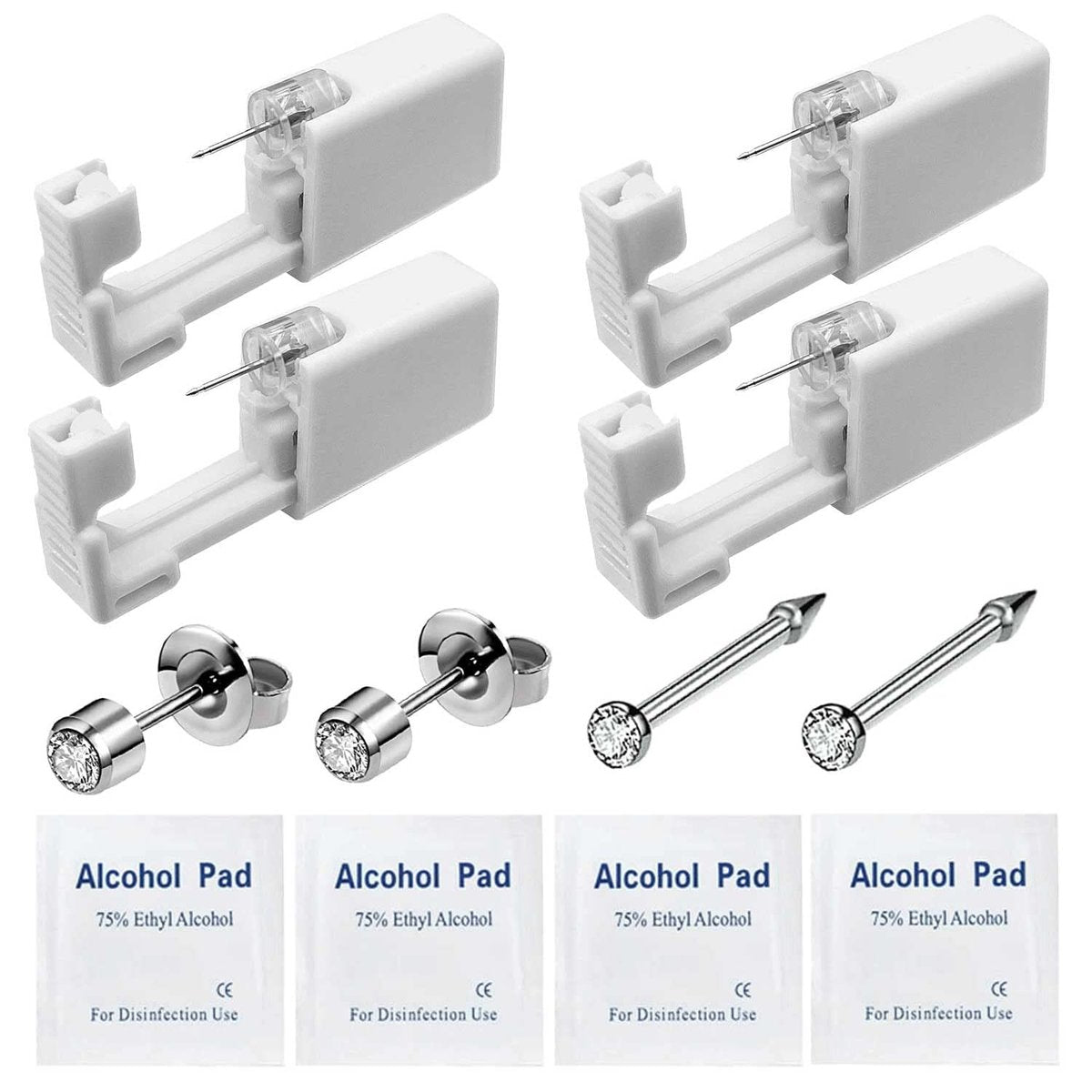 HELLWANG 2er-Pack Nasenpiercing + 2er-Pack Ohrpiercing-Set, einfach und sicher zu verwenden, ideal für Anfänger (Silber)