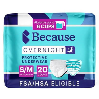 Because Overnight Absorbency Pull-Ups – Saugfähige Inkontinenzhosen für Erwachsene, Extra Saugfähige Nachtwindeln für Männer und Frauen, Weiß, Small/Medium, 20 Stück
