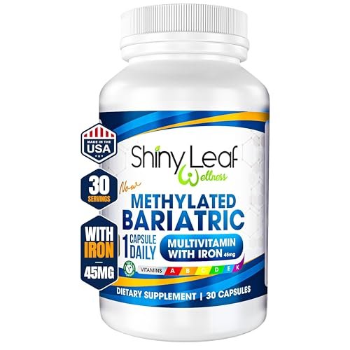 Shiny Leaf Methylierte Bariatrische Multivitamine mit Eisen 45 mg – Einmal täglich Kapsel, ASMBS-konforme Bariatrische Vitamine für Magenbypass & Magenschlauch, für Männer & Frauen, USA hergestellt, GMP – 30 Kapseln