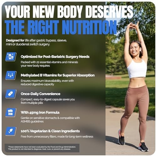 Shiny Leaf Methylierte Bariatrische Multivitamine mit Eisen 45 mg – Einmal täglich Kapsel, ASMBS-konforme Bariatrische Vitamine für Magenbypass & Magenschlauch, für Männer & Frauen, USA hergestellt, GMP – 30 Kapseln