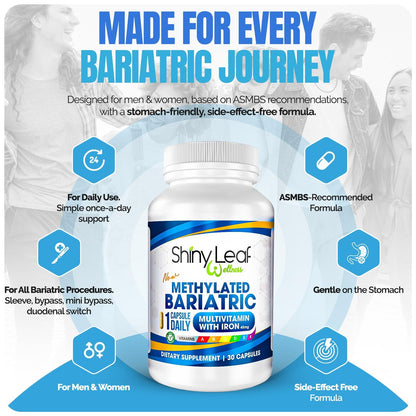 Shiny Leaf Methylierte Bariatrische Multivitamine mit Eisen 45 mg – Einmal täglich Kapsel, ASMBS-konforme Bariatrische Vitamine für Magenbypass & Magenschlauch, für Männer & Frauen, USA hergestellt, GMP – 30 Kapseln