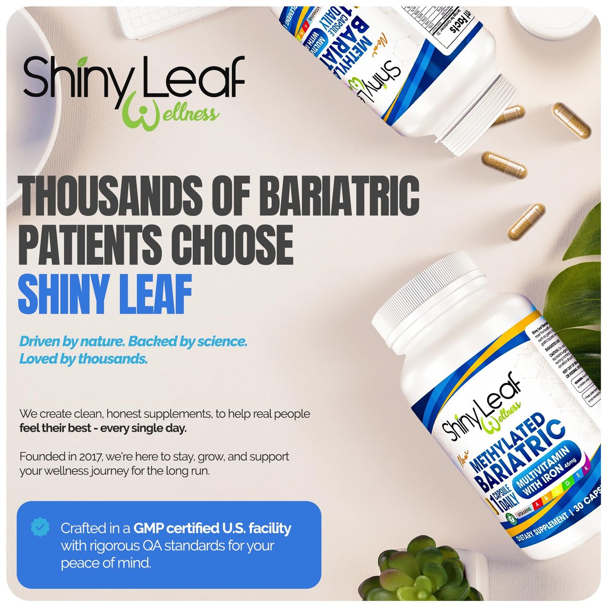 Shiny Leaf Methylierte Bariatrische Multivitamine mit Eisen 45 mg – Einmal täglich Kapsel, ASMBS-konforme Bariatrische Vitamine für Magenbypass & Magenschlauch, für Männer & Frauen, USA hergestellt, GMP – 30 Kapseln