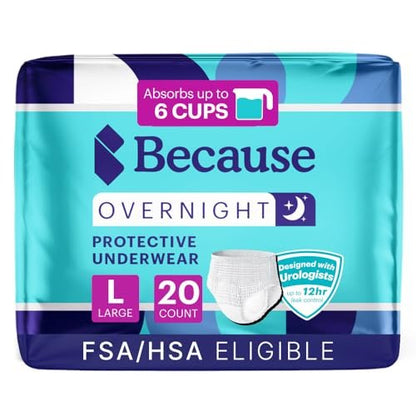 Because Overnight Absorbency Pull-Ups - Einwegunterwäsche für Erwachsene, extra saugfähige Nachtwindeln für Männer und Frauen, Weiß, Large, 20 Stück
