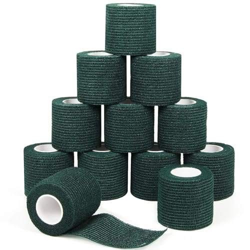 12 Stück 5 cm x 4,5 m Selbstklebende elastische Bandage - Selbsthaftende Kohäsivbinde für Handgelenk, Knöchel, Haustier, Sport, Schwellung, Verstauchung, Grifffixierung - Armeegrün