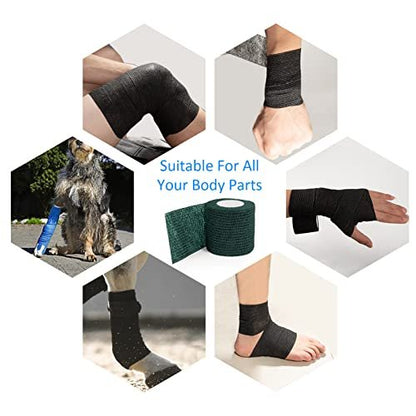 12 Stück 5 cm x 4,5 m Selbstklebende elastische Bandage - Selbsthaftende Kohäsivbinde für Handgelenk, Knöchel, Haustier, Sport, Schwellung, Verstauchung, Grifffixierung - Armeegrün