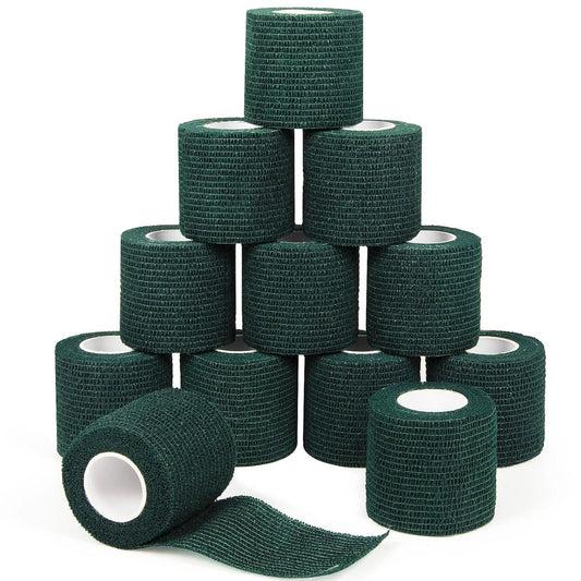 12 Stück 5 cm x 4,5 m Selbstklebende elastische Bandage - Selbsthaftende Kohäsivbinde für Handgelenk, Knöchel, Haustier, Sport, Schwellung, Verstauchung, Grifffixierung - Armeegrün