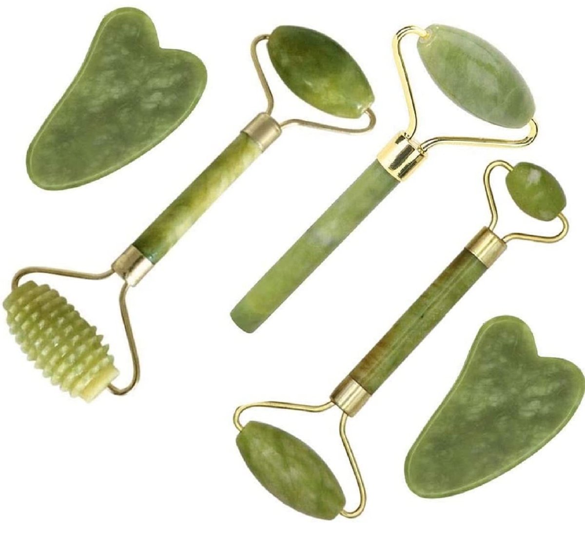 Jade Roller & Gua Sha Set 5 in 1 – Gesichts-Massagegerät aus Jade für Gesichtsformung und Hautpflege