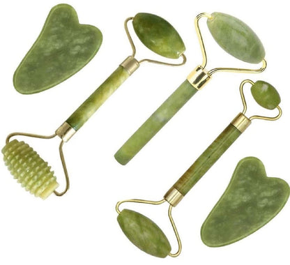 Jade Roller & Gua Sha Set 5 in 1 – Gesichts-Massagegerät aus Jade für Gesichtsformung und Hautpflege