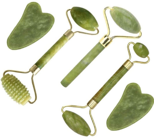 Jade Roller & Gua Sha Set 5 in 1 – Gesichts-Massagegerät aus Jade für Gesichtsformung und Hautpflege