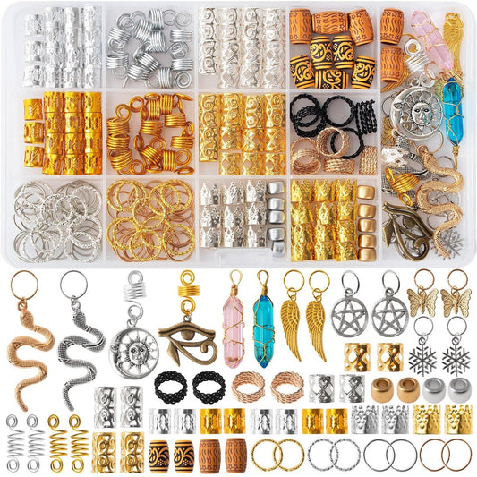 200-teiliges Haarperlen-Set, Dreadlock-Kristall-Charms, Metall-Coils, Gold- und Silber-Anhänger, Braid Cuffs, Clips, Loc Tube Beads für Zopf-Dekoration