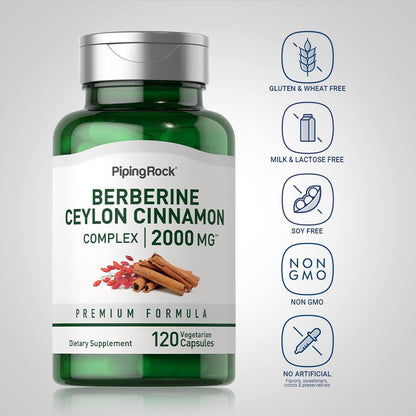 Piping Rock Berberin HCI Ceylon Zimt Komplex | 120 Kapseln | Pflanzliches Nahrungsergänzungsmittel | Vegetarisch, Nicht-GVO & Glutenfrei