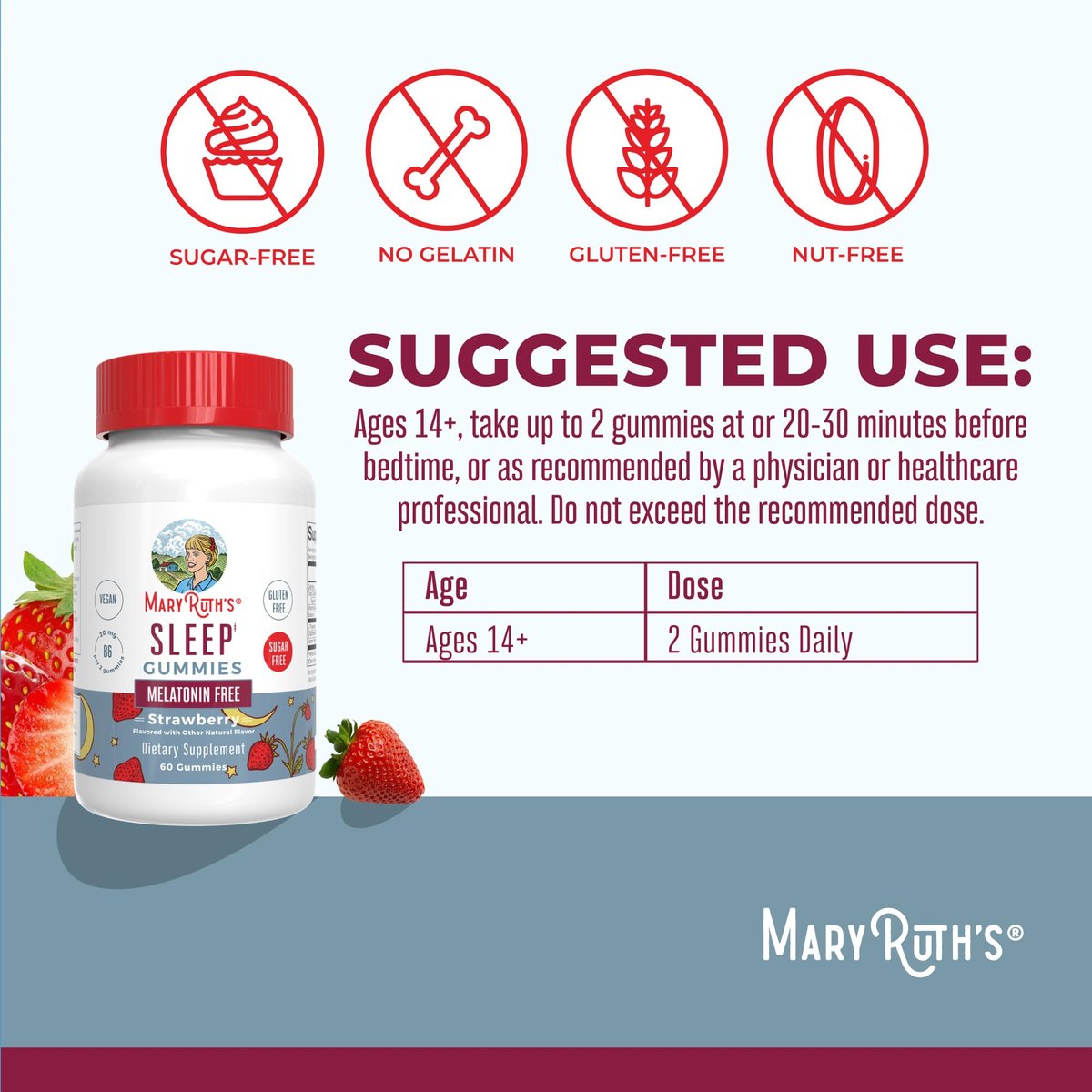 MARYRUTH'S Schlafgummis | Zuckerfrei | Ohne Melatonin | L-Theanin | Melissenblatt | Kamille | Vitamin B6 | Entspannungs- und Schlafunterstützung | Stressabbau | Vegan | Glutenfrei | 60 Stück