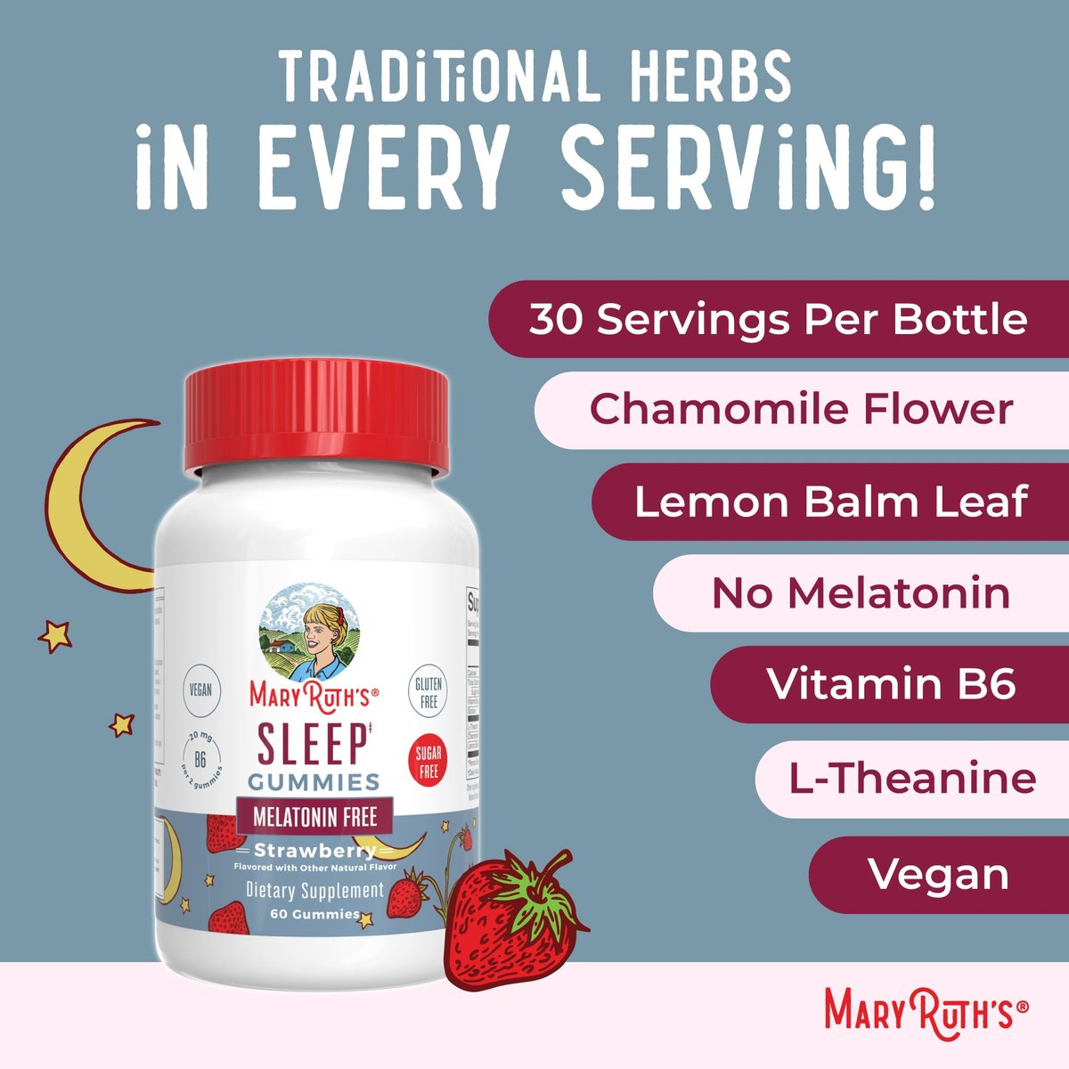 MARYRUTH'S Schlafgummis | Zuckerfrei | Ohne Melatonin | L-Theanin | Melissenblatt | Kamille | Vitamin B6 | Entspannungs- und Schlafunterstützung | Stressabbau | Vegan | Glutenfrei | 60 Stück