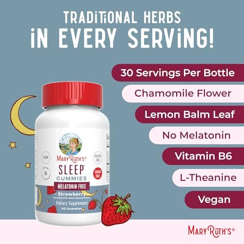 MARYRUTH'S Schlafgummis | Zuckerfrei | Ohne Melatonin | L-Theanin | Melissenblatt | Kamille | Vitamin B6 | Entspannungs- und Schlafunterstützung | Stressabbau | Vegan | Glutenfrei | 60 Stück