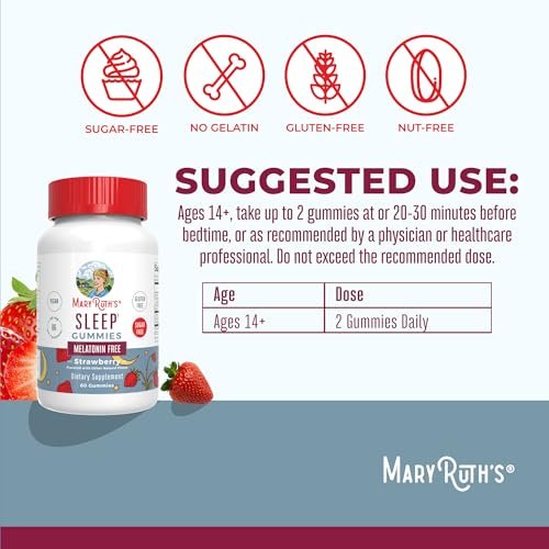 MARYRUTH'S Schlafgummis | Zuckerfrei | Ohne Melatonin | L-Theanin | Melissenblatt | Kamille | Vitamin B6 | Entspannungs- und Schlafunterstützung | Stressabbau | Vegan | Glutenfrei | 60 Stück