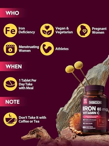Eisenpräparat für Frauen und Männer – Hochdosiertes Eisen 65 mg mit Vitamin C 250 mg, magenschonende Eisenkapseln zur Unterstützung der roten Blutkörperchen und des Immunsystems, vegan, ohne Gentechnik und glutenfrei, 60 Tabletten