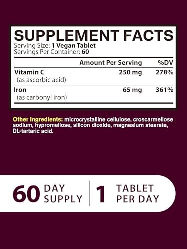Eisenpräparat für Frauen und Männer – Hochdosiertes Eisen 65 mg mit Vitamin C 250 mg, magenschonende Eisenkapseln zur Unterstützung der roten Blutkörperchen und des Immunsystems, vegan, ohne Gentechnik und glutenfrei, 60 Tabletten