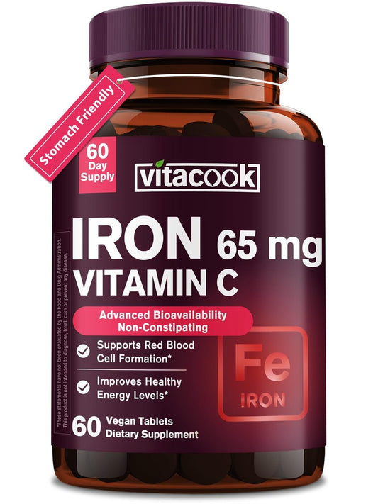 Eisenpräparat für Frauen und Männer – Hochdosiertes Eisen 65 mg mit Vitamin C 250 mg, magenschonende Eisenkapseln zur Unterstützung der roten Blutkörperchen und des Immunsystems, vegan, ohne Gentechnik und glutenfrei, 60 Tabletten