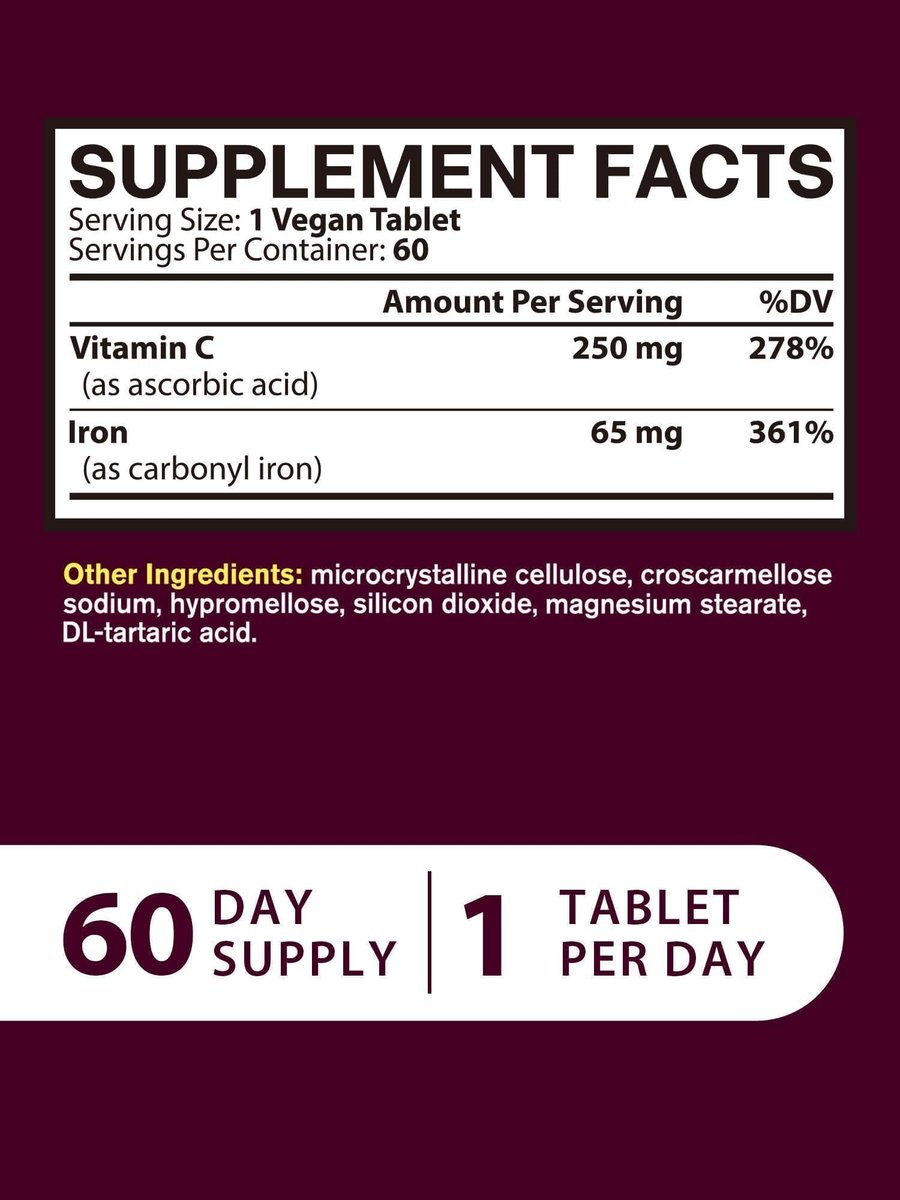 Eisenpräparat für Frauen und Männer – Hochdosiertes Eisen 65 mg mit Vitamin C 250 mg, magenschonende Eisenkapseln zur Unterstützung der roten Blutkörperchen und des Immunsystems, vegan, ohne Gentechnik und glutenfrei, 60 Tabletten