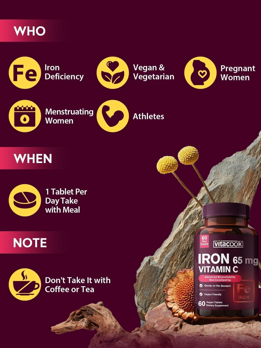 Eisenpräparat für Frauen und Männer – Hochdosiertes Eisen 65 mg mit Vitamin C 250 mg, magenschonende Eisenkapseln zur Unterstützung der roten Blutkörperchen und des Immunsystems, vegan, ohne Gentechnik und glutenfrei, 60 Tabletten