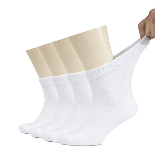 Hugh Ugoli Herren Baumwoll-Diabetes-Knöchelsocken, Weit, Dünn, Locker und Dehnbar, Nahtlose Zehenpartie & Nicht einengender Bund, 4 Paar, Weiß, Schuhgröße: 8-11