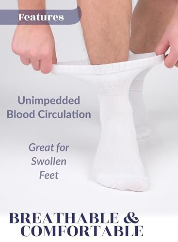 Hugh Ugoli Herren Baumwoll-Diabetikersocken, Knöchel, Weit, Dünn, Lockere Passform und Dehnbar, Nahtlose Zehen & Nicht einschnürendes Bündchen, 4 Paar, Weiß, Schuhgröße: 11-13