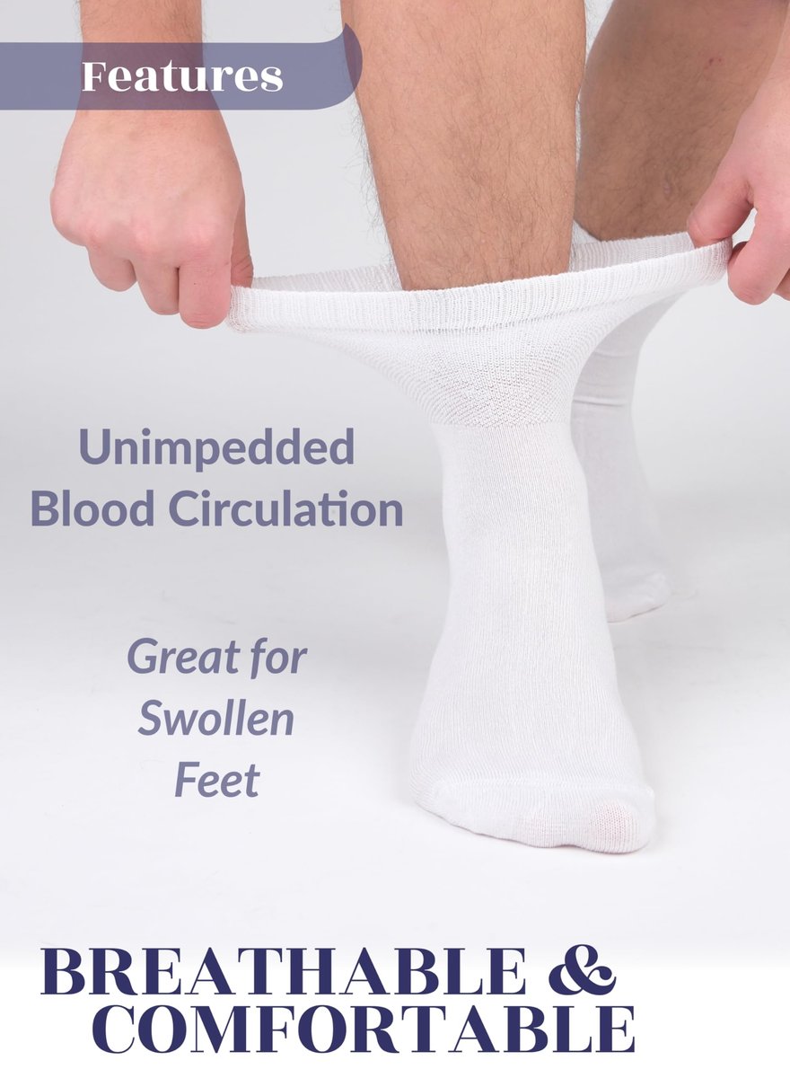 Hugh Ugoli Herren Baumwoll-Diabetes-Knöchelsocken, Weit, Dünn, Locker und Dehnbar, Nahtlose Zehenpartie & Nicht einengender Bund, 4 Paar, Weiß, Schuhgröße: 8-11