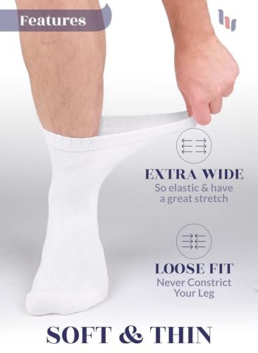 Hugh Ugoli Herren Baumwoll-Diabetes-Knöchelsocken, Weit, Dünn, Locker und Dehnbar, Nahtlose Zehenpartie & Nicht einengender Bund, 4 Paar, Weiß, Schuhgröße: 8-11