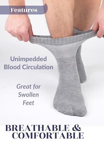 Hugh Ugoli Herren Baumwoll-Diabetikersocken, Weit, Dünn, Lockere Passform und Dehnbar, Nahtlose Zehenpartie & Nicht einschnürendes Bündchen, 4 Paar, Hellgrau, Schuhgröße: 11-13