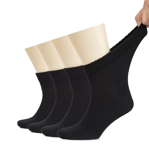 Hugh Ugoli Herren Baumwoll-Diabetiker-Knöchelsocken, Weit, Dünn, Lockere Passform und Dehnbar, Nahtlose Zehenpartie & Nicht einschnürendes Bündchen, 4 Paar, Schwarz, Schuhgröße: 11-13