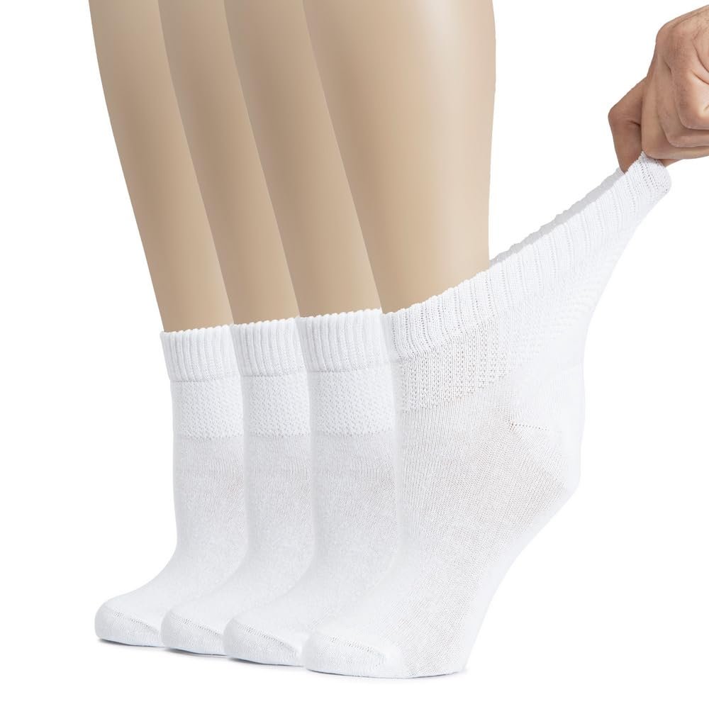 Hugh Ugoli Damen Baumwoll-Diabetikersocken, Weit, Dünn, Locker und Dehnbar, Nahtlose Zehen & Nicht einschnürendes Bündchen, 4 Paar, Weiß, Schuhgröße: 6-9